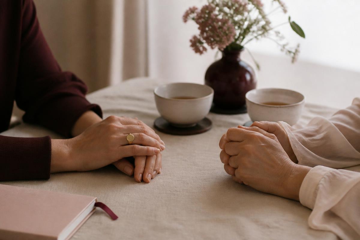 Two people sitting across a linen table with cups of tea during a session